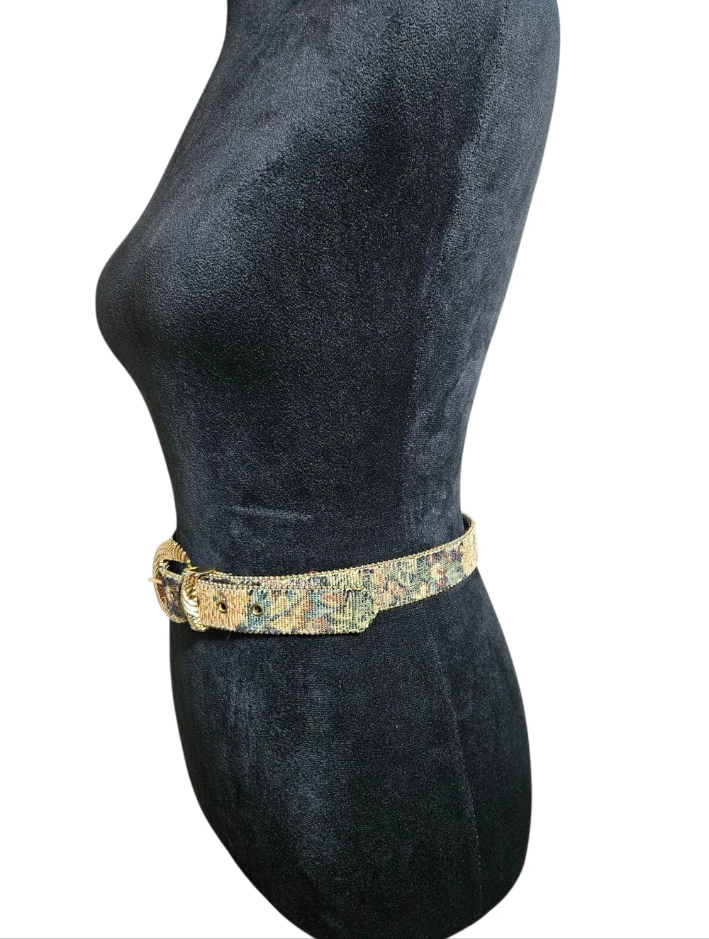 Vintage Women's Floral Tapestry Statement Belt With Gold Buckle Size S